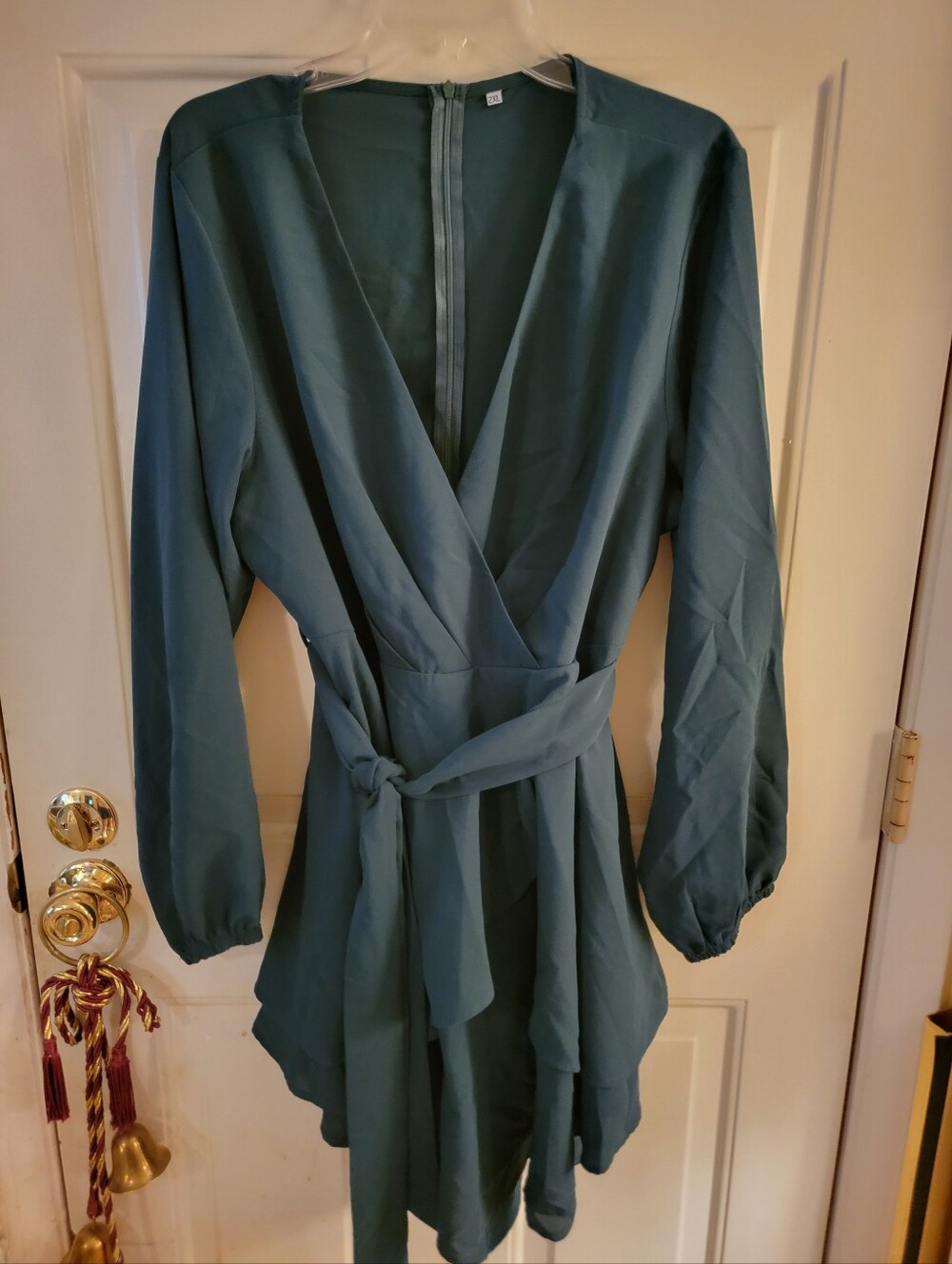 Cosonsen Swing Skater Dress Long Sleeve Teal Wrap Dress with Waist Tie